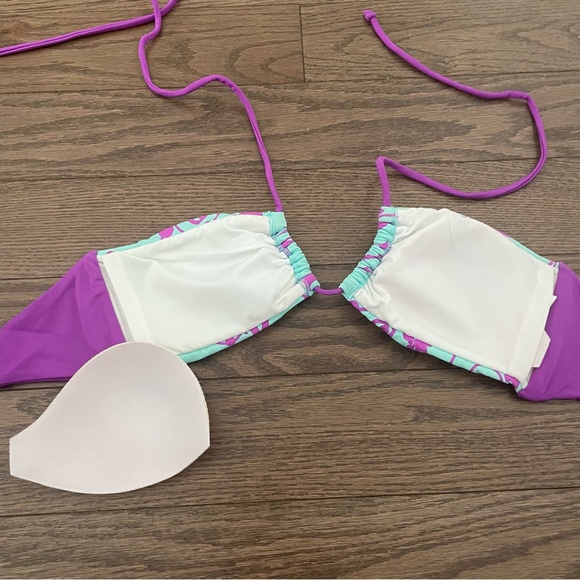 Saha Bikini Swim Set / Bandeau Halter, Ruched Hipster - Turquoise & Purple Print - Picture 8 of 15